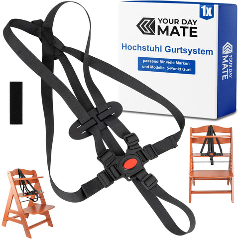 Your Day Mate 5-Point Harness for High Chair, 1 Set, Black, Compatible with Hauck Alpha, Beta, Stokke Tripp Trapp, Roba, etc., Adjustable Children's High Chair Safety Belt