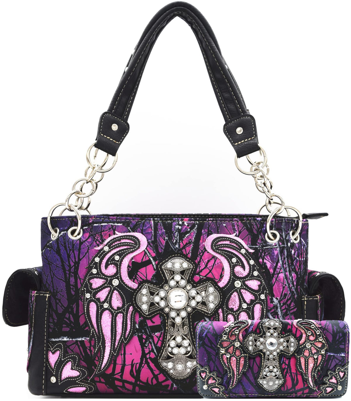 Camouflage Cross Wings Western Style Concealed Carry Purse Country Handbag Women Shoulder Bag Wallet Set purple Size: One Size