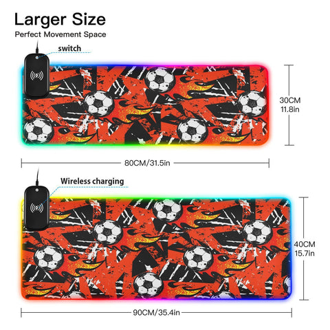Fire Football Soccer Wireless Charging Mouse Pad for Mobile Phone Extra Large Gaming Mousepad with 13 Lighting Modes Mouse Mat for Office Home Gaming MacBook PC Laptop Desk