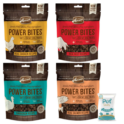(4 Pack) Merrick Power Bites Natural Grain Free Gluten Free Soft & Chewy Chews Dog Treats - Chicken, Beef, Turducken, Salmon with 10ct pet Wipes