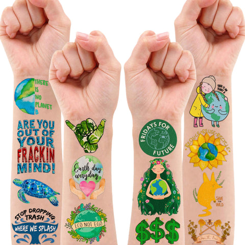 (96 PCS) Earth Day Eco Green Save Planet Temporary Tattoos Birthday Themed Party Supplies Decorations Favors Cute Environmental Protection Stickers Tattoo Gifts for Kids Girls Boys Decor Class Reward
