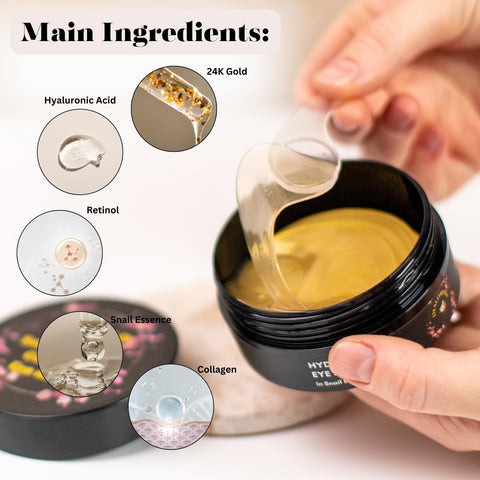 24K Gold Hydrogel Eye Masks - With Snail Essence, Retinol, Collagen, Hyaluronic Acid - Infused With Amino Acids & Vit. C - For De-Puffing, Moisturizing, Anti aging and Brightening - 60 Pcs