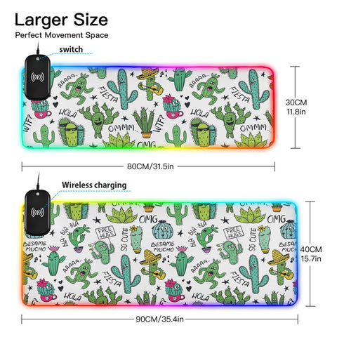 Cute Cactus Wireless Charging Mouse Pad for Mobile Phone Extra Large Gaming Mousepad with 13 Lighting Modes Keyboard Mat for Office Home Gaming MacBook PC Laptop Desk
