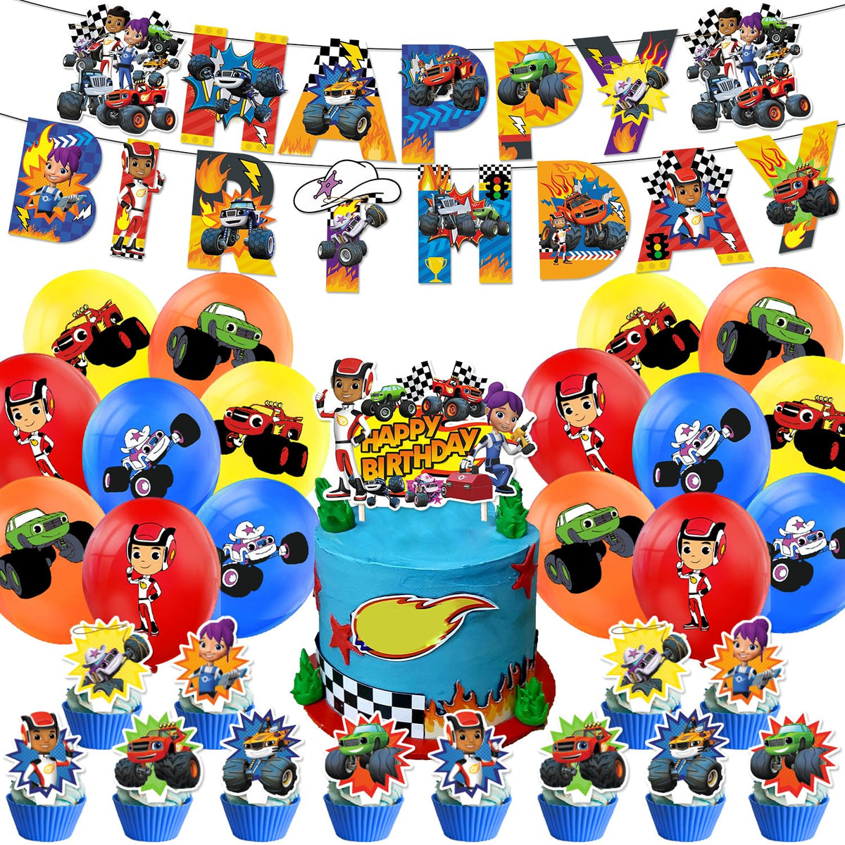 AGner Blaze Monster Party Decorations Monster Machines Birthday Supplies Including Cake Topper Banner Cupcake Toppers Balloons for Blaze Truck Party Decorations