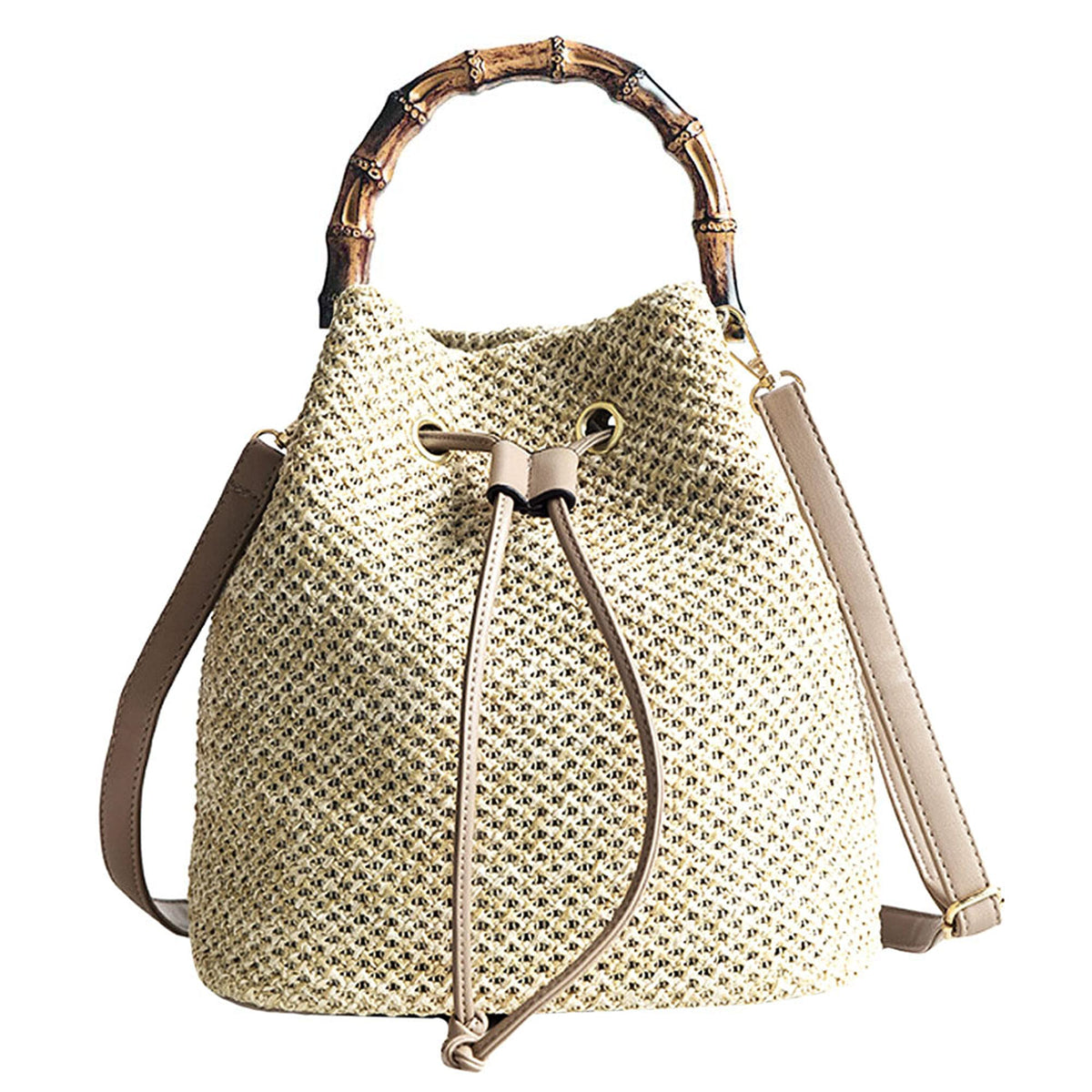 Buddy Fashion Drawstring Shoulder Bag Straw Weave Handbag Summer Beach Purse Beige Size: M