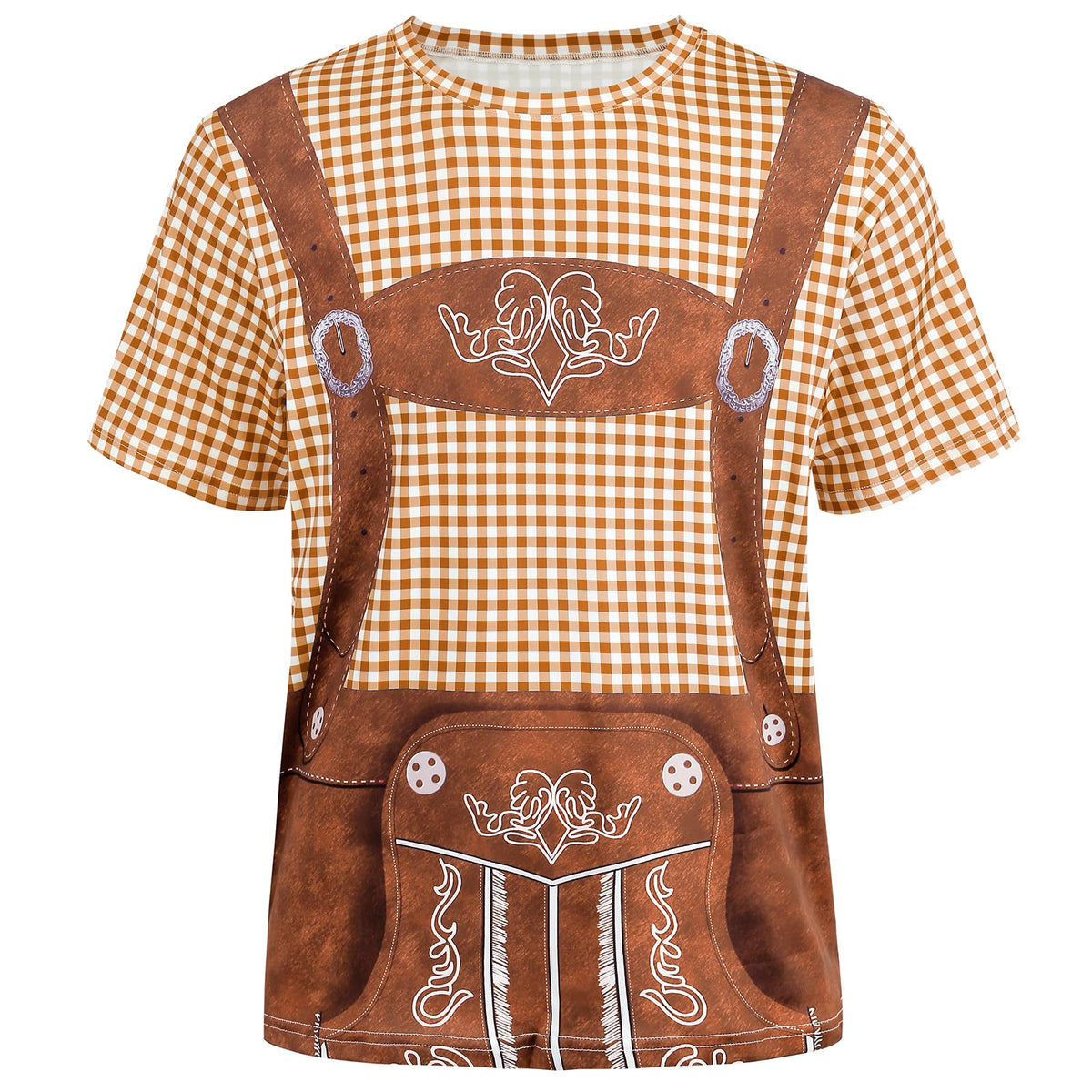 maxToonrain T Shirts for Men Oktoberfest Costume Funny,Adult Traditional Bavarian Lederhosen Shirt Shortsleeve Plaid 3D Print Shirts for Mens(Brown,1XL)