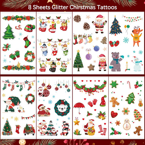 176PCS Glitter Christmas Tattoos for Kids, Temporary Tattoos for Christmas Stocking Stuffers Party Decorations Supplies, Xmas Tattoo Stickers for Boys and Girls Merry Christmas Eve Gift