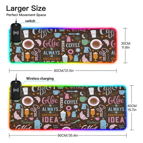 Coffee Cup Wireless Charging Mouse Pad for Mobile Phone Extra Large Gaming Mousepad with 13 Lighting Modes Computer Mat for Gaming MacBook PC Laptop Desk Home Office