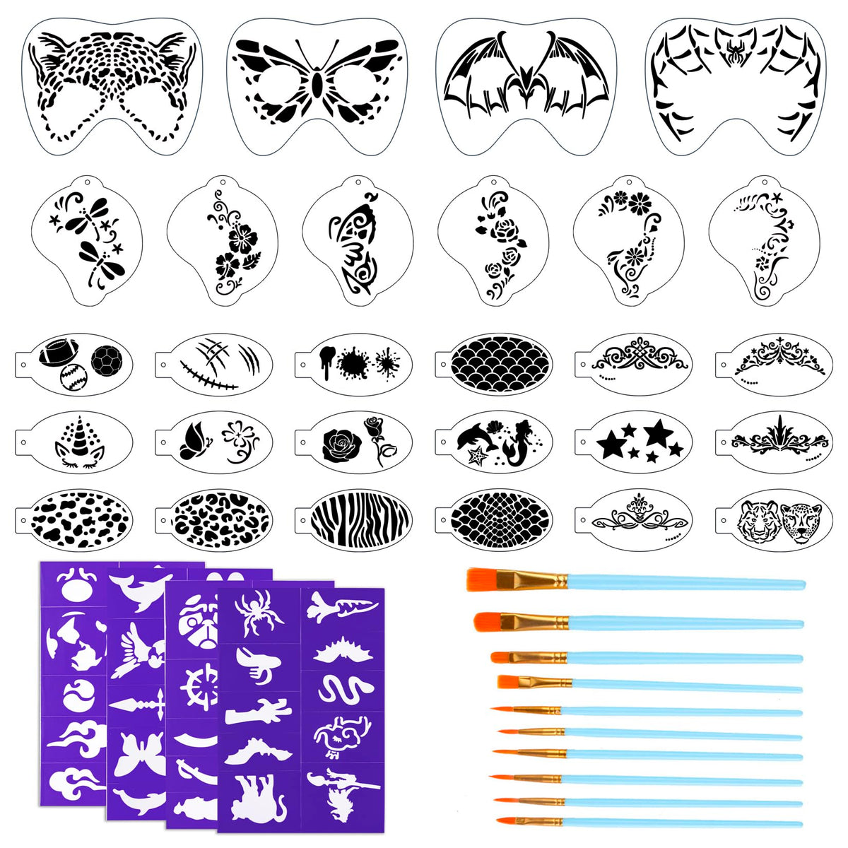 42 Pcs Face Paint Stencils Kits Includes 28 Reusable Facial Painting Stencils with 4 Stickers 10 Painting Brushes Plastic Tattoo Painting Templates for Kids Halloween Party Makeup