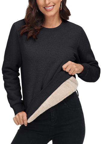 MAGCOMSEN Womens Sherpa Lined Sweatshirts Ladies Pullover Fleece Warm Sweater Tops Long Sleeve Crew Neck Jumpers, Black, M