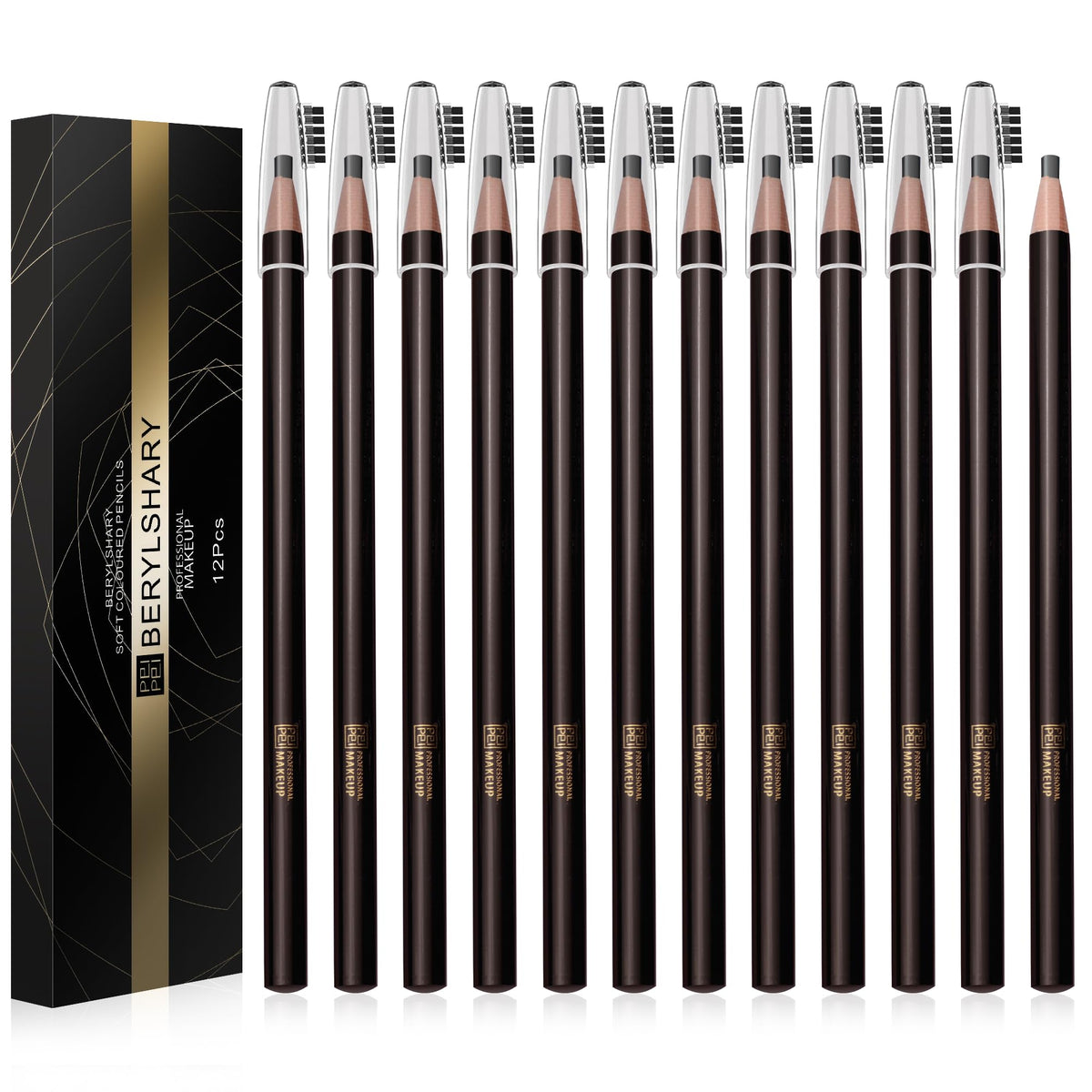 BERYLSHARY waterproof pull eyebrow pencil, 12 pieces, dark brown, light brown, black, sweat resistant, long-lasting and non discoloring, essential for beginners (12 PCS Light brown)