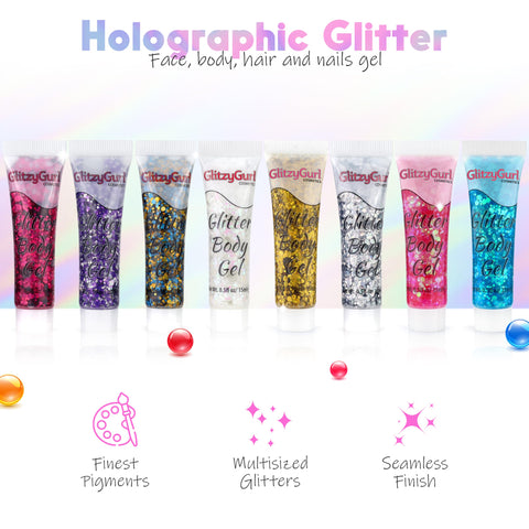 Holographic Glitter Face and Body Gel 8 Pack Cosmetic Glitter, Body Glitter, Hair Glitter, Festival Gel