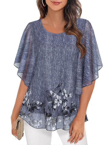 Syphiby Tunic Tops for Women, Ladies Ruffle Sleeve Tops Chiffon Blouse Scoop Neck Mesh Stretch Tops Double-Layered Work Office Shirts, Grey-Medium