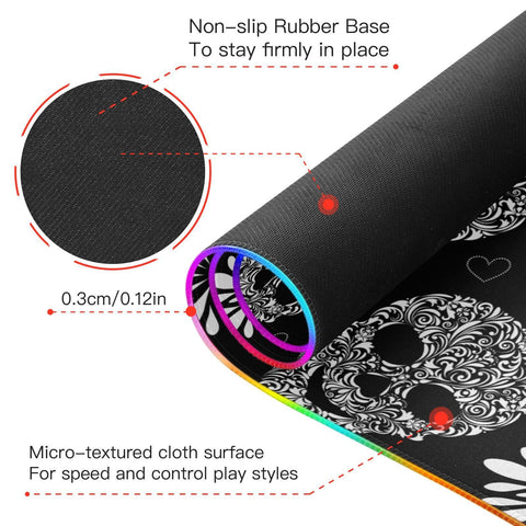 Floral Skulls Black Wireless Charging Mouse Pad for Mobile Phone Extra Large Gaming Mousepad with 13 Lighting Modes Keyboard Mat for MacBook PC Laptop Desk Office Home Gaming