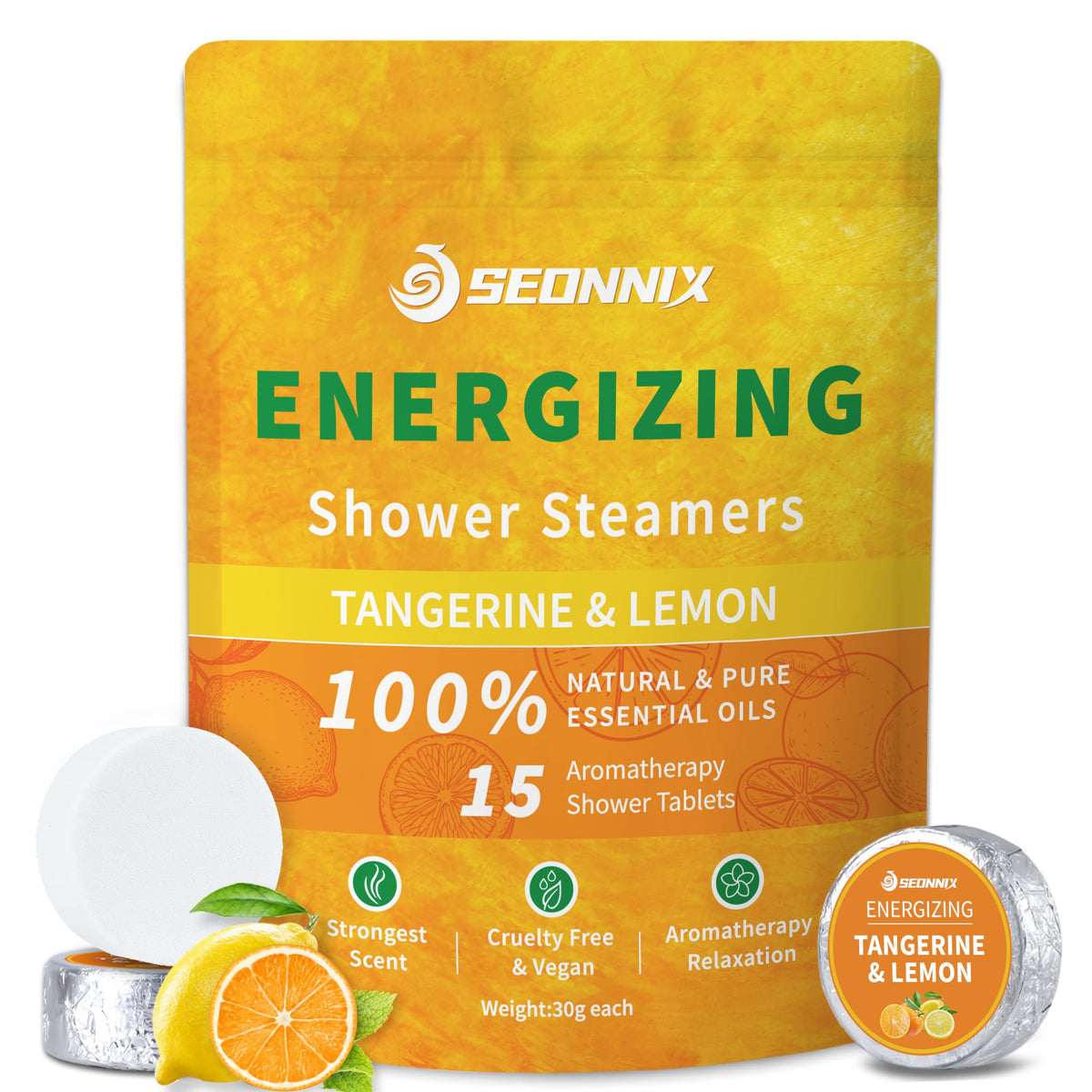 SEONNIX Shower Steamers Aromatherapy 15 Pack, Tangerin & Lemon Shower Bombs with Natural Essential Oils, Stress Relief & Self Care, Shower Tablets - Valentines Day Gifts for Her and Him