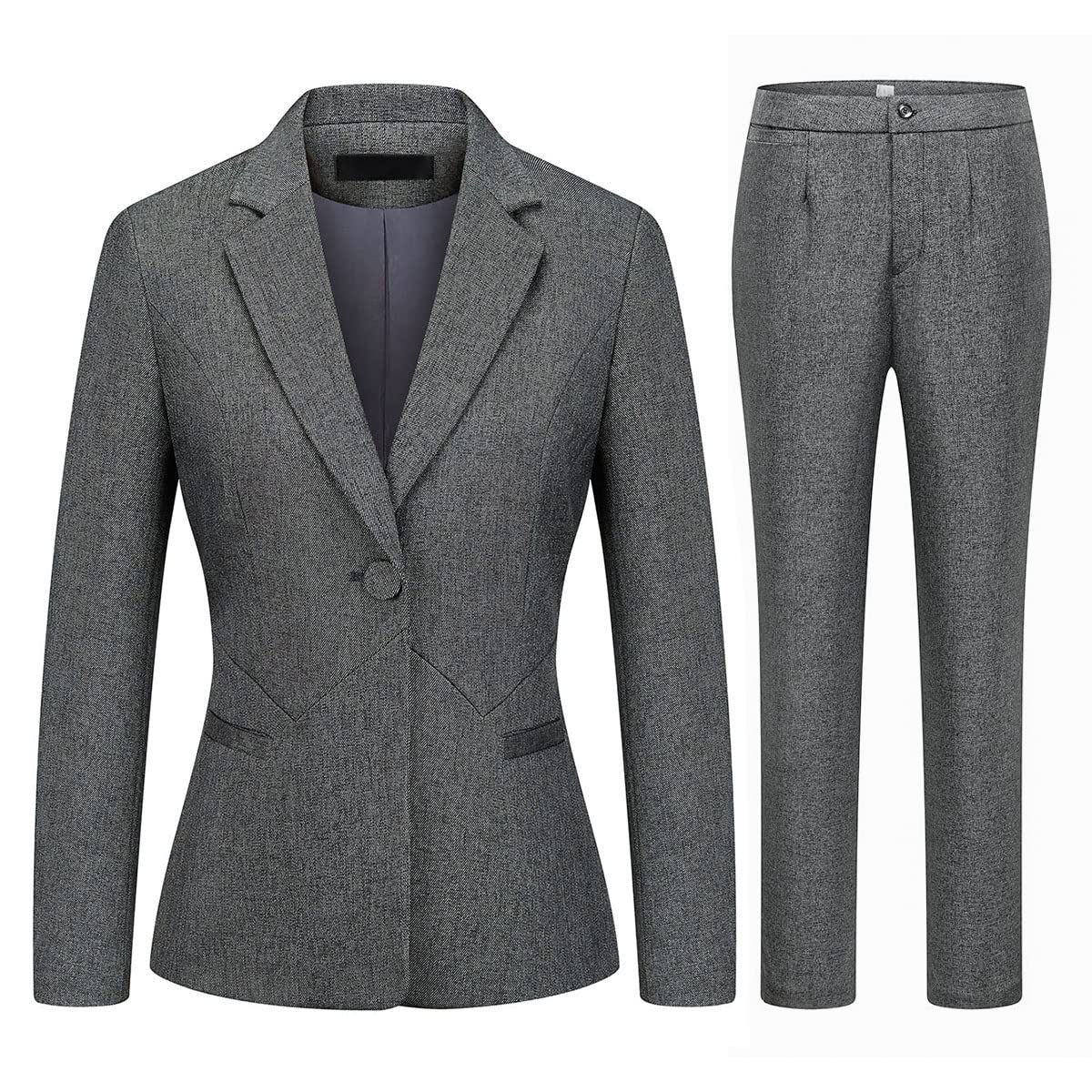 MODFUL Women's 2 Piece Business Suit Pant Set Slim Fit One Button Blazer Jacket Lady Work Suit for Office (Grey,XX-Large)