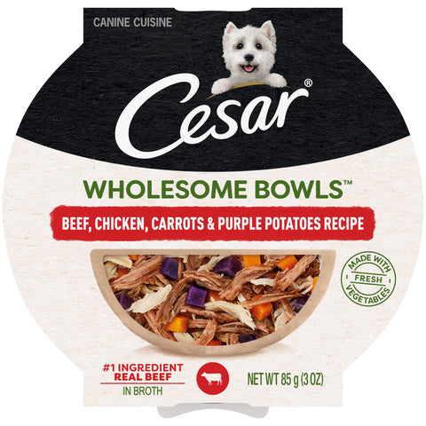 CESAR WHOLESOME BOWLS Adult Wet Dog Food, Beef, Chicken, Purple Potatoes & Carrots, 3 oz., Pack of 10