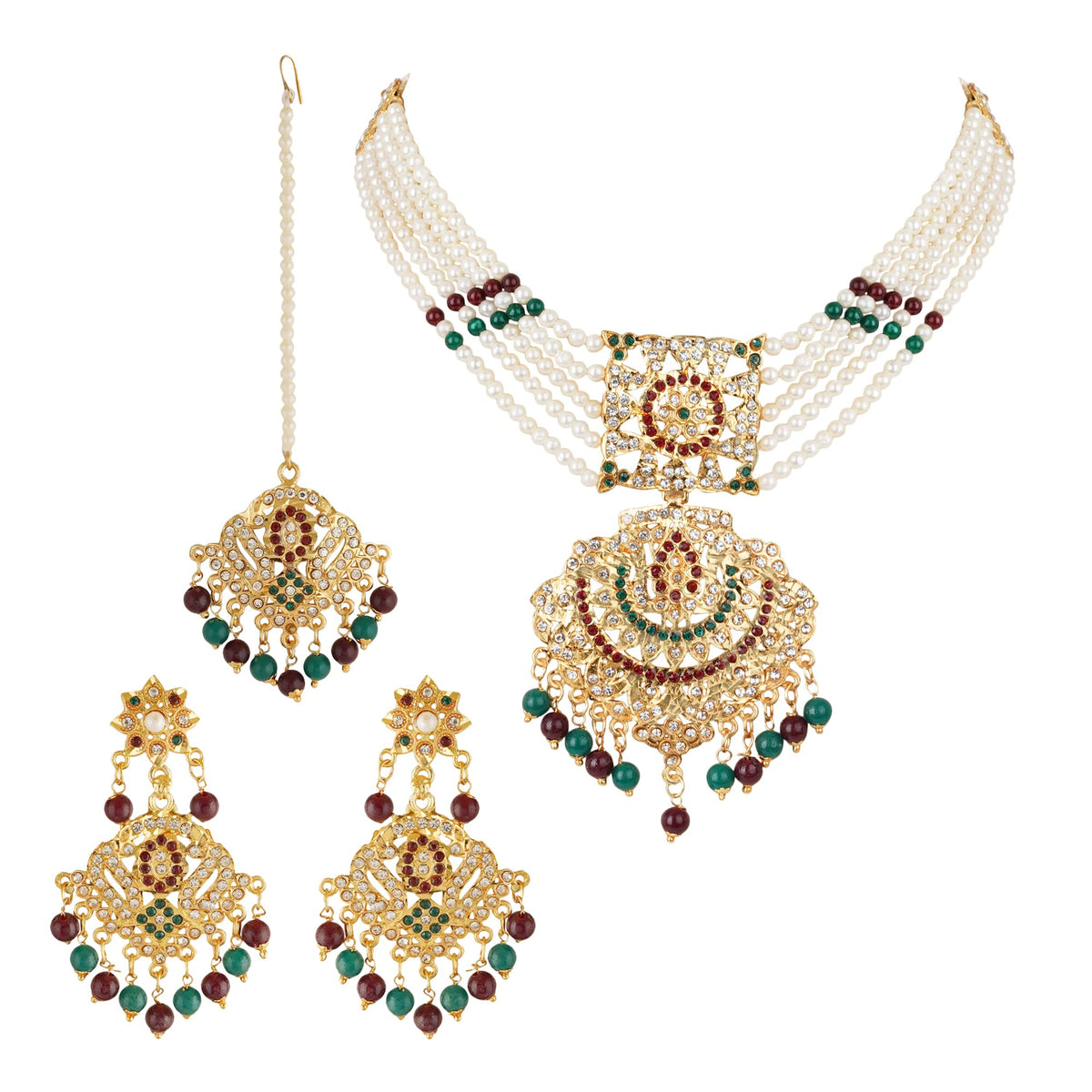 Jwellmart Gold Polish CZ Stone Faux Pearl Jadau Jewelry Necklace Earrings Maang Tikka Set Jewellery for Women (Multicolor1)