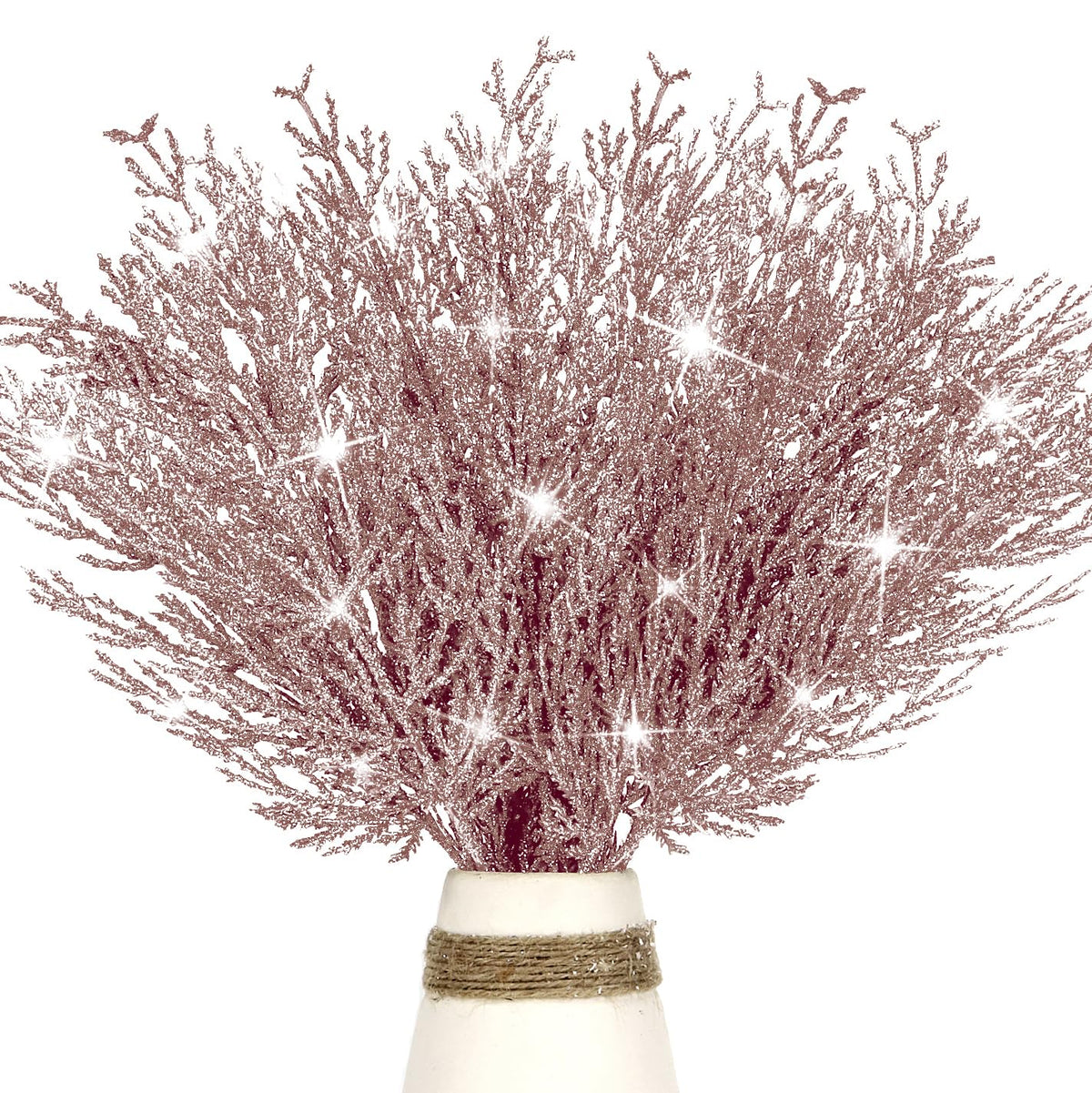 12 Pcs Christmas Glitter Leaves, 35 CM Christmas Tree Picks Artificial Twigs Branches Artificial Christmas Glitter Fern Leaf for DIY Xmas Tree Wreath Wedding Garland Decorations (Rose Gold)