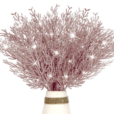 12 Pcs Christmas Glitter Leaves, 35 CM Christmas Tree Picks Artificial Twigs Branches Artificial Christmas Glitter Fern Leaf for DIY Xmas Tree Wreath Wedding Garland Decorations (Rose Gold)