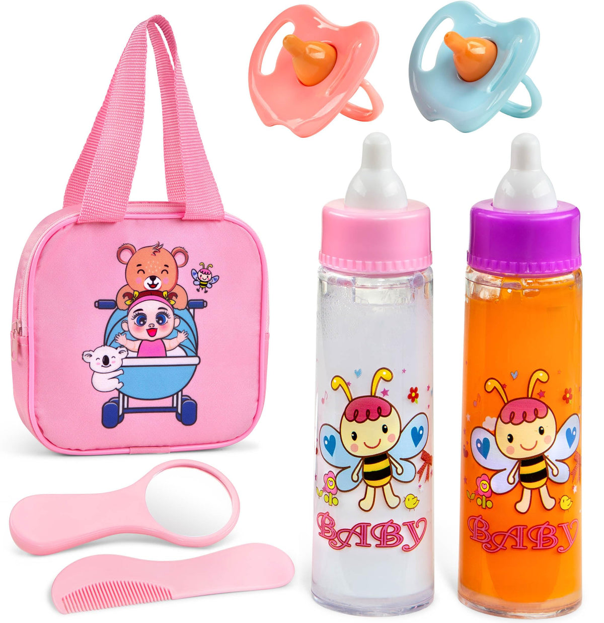 Baby Doll Set - 7 Piece Adorable Baby Doll Accessories with 2 Baby Doll Bottles, 2 Doll Pacifiers, Comb and Mirror - Baby Doll Toys for Kids in a Cute Bag with Handle - Disappearing Baby Doll Bottle