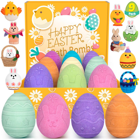9 Packs Easter Bubble Bath Bombs with Easter Surprise Toys Inside for Kids Girls Boys, Natural Organic Bubble Easter Bath Eggs, Easter Basket Stuffers Gifts