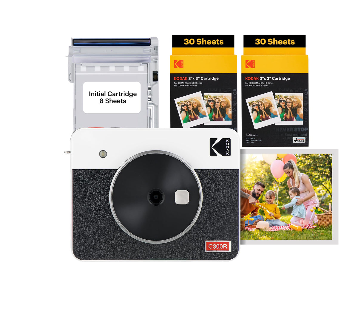 KODAK Mini Shot 3 Retro 4PASS 2-in-1 Instant Camera and Portable Photo Printer (7.6 x 7.6 cm) plus Package with 68 Sheets, White