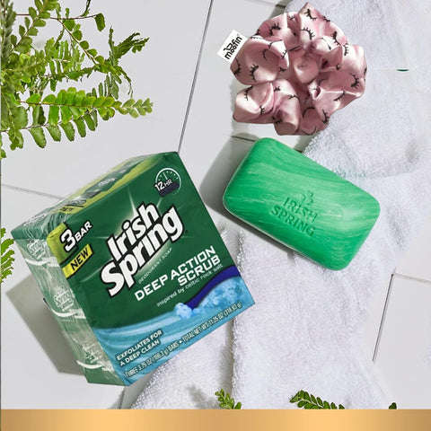 Deep Action Scrub Bar Soap, 3.75oz - Exfoliate Soap with Moisturizing Glycerin & Coconut Oil, 3-Pack Shower Bar Soap, Includes Moofin Hair Tie, Classic Clean Scent [Pack of 4]