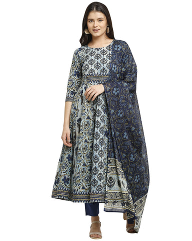 Rajnandini Women's Pure Cambric Cotton Floral Printed A-Line Anarkali Kurta Set With Dupatta (Ready To Wear; Blue; X-Large)(JOPLVL218-XL)