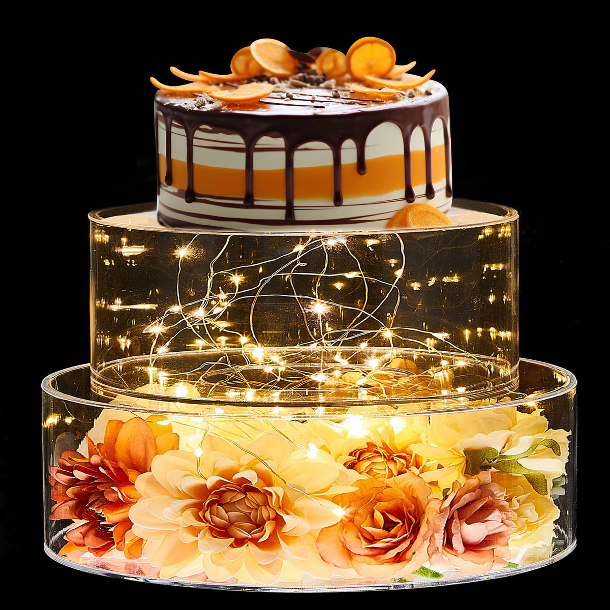 Sunnyray 2 Pcs Acrylic Cake Stands for Dessert Table Clear Fillable Cake Riser Cupcake Tier with LED Strings for Birthday Wedding Holiday Party Display(12'', 16'')