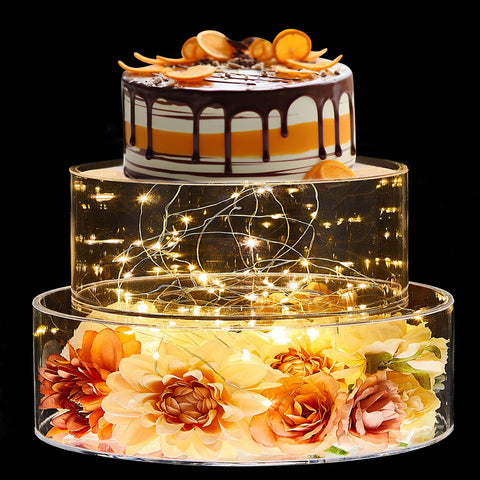 Sunnyray 2 Pcs Acrylic Cake Stands for Dessert Table Clear Fillable Cake Riser Cupcake Tier with LED Strings for Birthday Wedding Holiday Party Display(12'', 16'')
