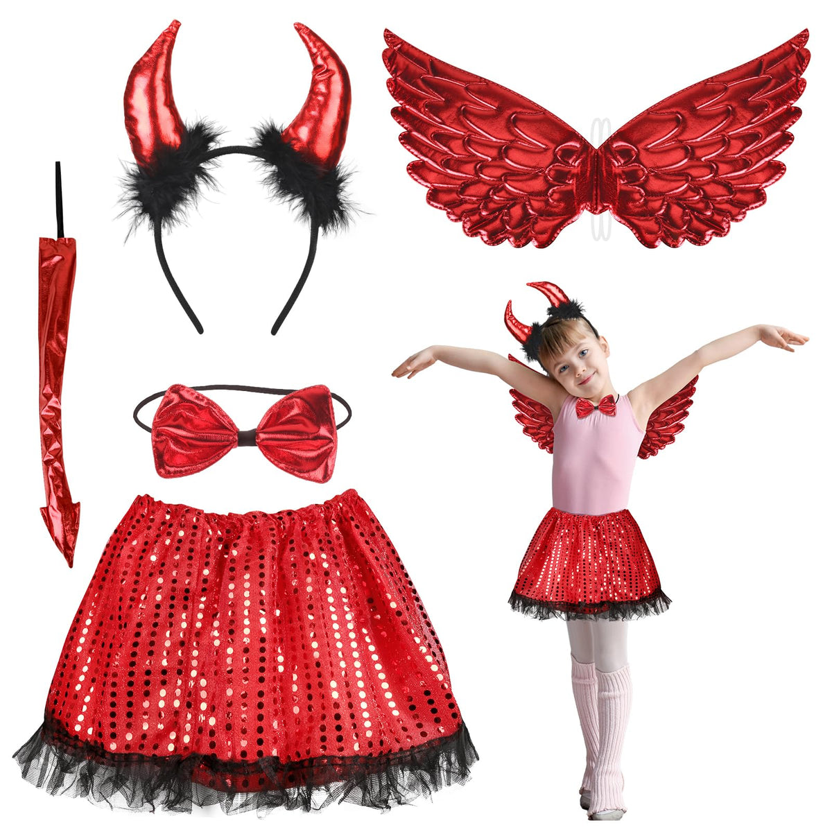 HONMOK 5 Piece Kids Devil Halloween Costume, Devil Fancy Dress Include Red Devil Horns Headband, Angel Wings, Tutu Dress, Demon Tail Bowtie, Trick or Treat Halloween Outfit for 3-10y Girls