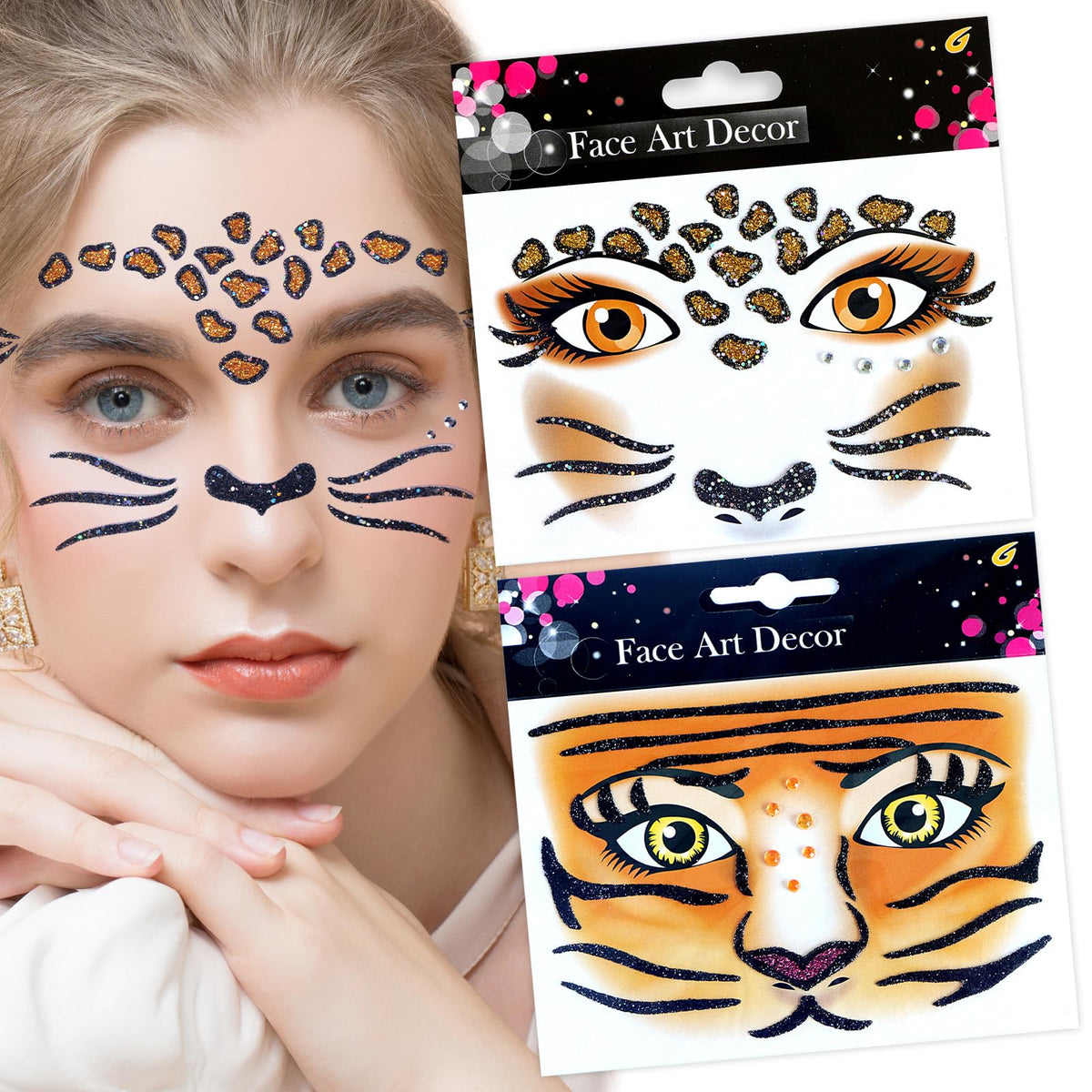 Tiger and Leopard Glitter Face Stickers Set-2Pcs Eye Body Face Tattoo Stickers for Kids Adult Party Makeup Self Adhesive Fake Tattoo Sticker Birthday Cospay Festival Party Supplies (tiger&Leopard)