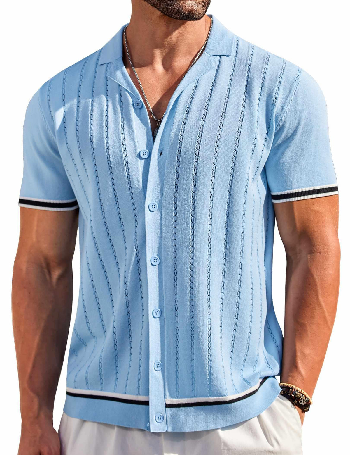 COOFANDY Men's Slim Fit Dress Shirt Wrinkle Free Stretch Short Sleeve Polo Shirts Vacation Clothes Clear Blue