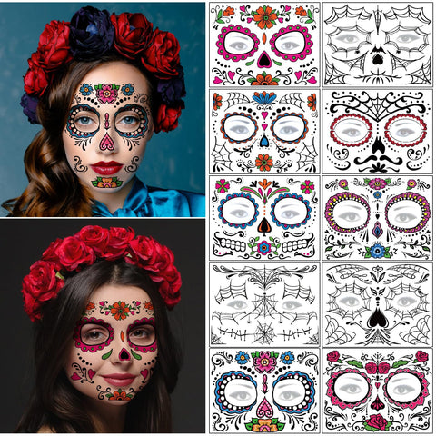 Day of the Dead Face Tattoos - 10 Sheets Halloween Temporary Tattoos Face Stickers Kit DÃƒÆ’Ã‚Â­a de Los Muertos Glitter Red Roses Skeleton Sugar Skull Fake Tattoo for Halloween Makeup on Face Body