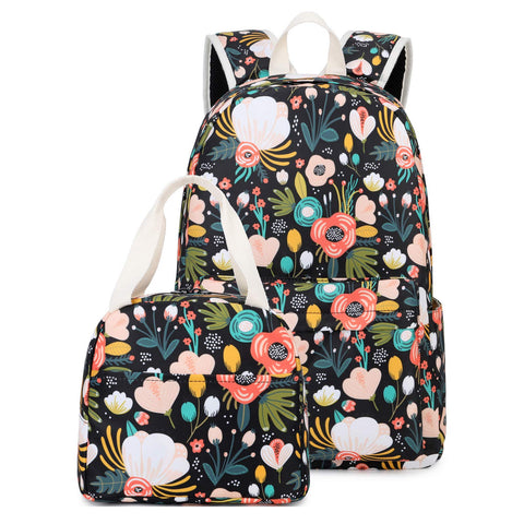 Octsky Kids Backpack for Girls Teens Elementary Middle School Bookbags Childs Back to School Bag with Lunch Box, Black/Multi, One Size