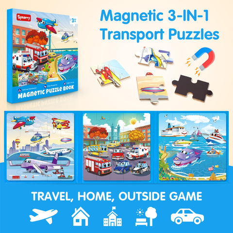 SYNARRY Air Land Water Transport Magnetic Puzzles for Toddlers 2-4, 20 Pieces Travel Puzzles for Kids Ages 4-6, Car Airplane Road Trip Activities Toys for 2 3 4 5 6 Year Old Boys Girls Birthday Gifts