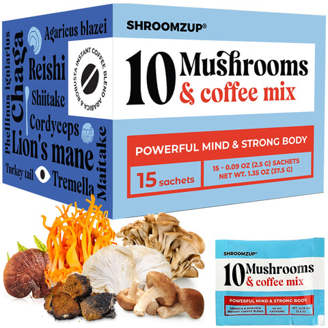 Shroomzup Mushroom Coffee Instant with 10 Mushrooms - 15 Pack with Reishi, Lion's Mane, Chaga, Turkey Tail, Cordyceps Mushrooms - Superfood Nootropic Coffee for Energy - Vegan Shrooms Instant Coffee