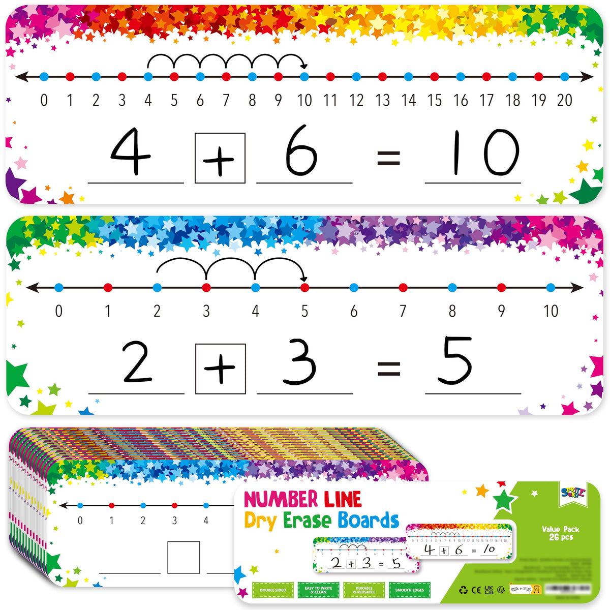26 PCS Number Line Dry Erase Boards, Writable and Erasable Double Sided Board-0-10 on One Side & 0-20 on Other Side Math White Board for Kids, Students, Classroom and Home (12â€ x 4â€, Colorful Stars)