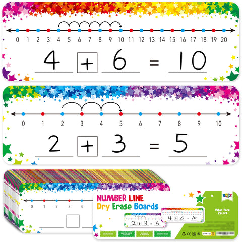 26 PCS Number Line Dry Erase Boards, Writable and Erasable Double Sided Board-0-10 on One Side & 0-20 on Other Side Math White Board for Kids, Students, Classroom and Home (12â€ x 4â€, Colorful Stars)