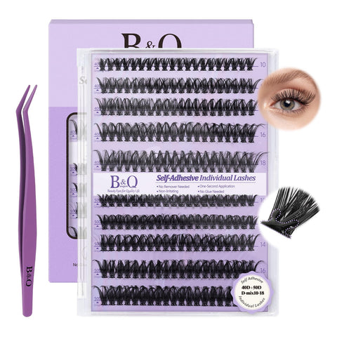 B&Q Self Adhesive Eyelashes Extension Kit 200 PCS Self Adhesive Lashes 40D+50D No Glue Eyelashes 10-18 Mix D Curl Press On Eyelashes Adhesive Lashes Reusable Lashes Self Adhesive(40D+50D-D)