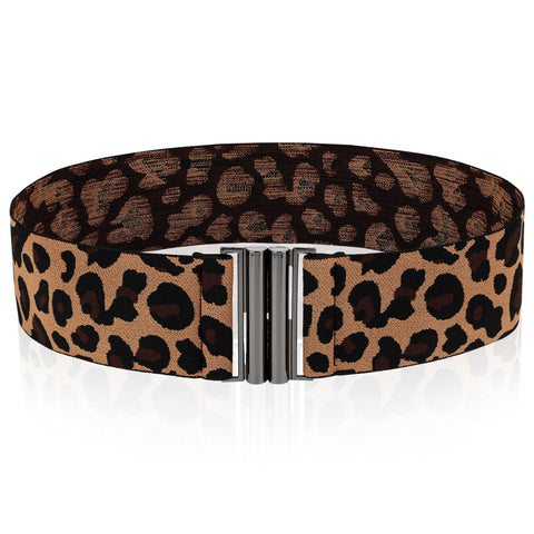 AOZUO Wide Stretch Waist Belt for Women, Vintage Elastic Leopard Print Waistband Skinny Dress Tuck Belt(Black)