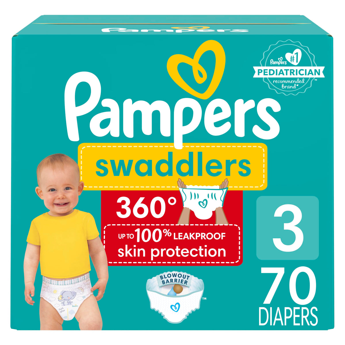 Pampers Swaddlers 360 Pull-On Diapers, Size 3, 70 Count for up to 100% Leakproof Skin Protection and Easy Changes