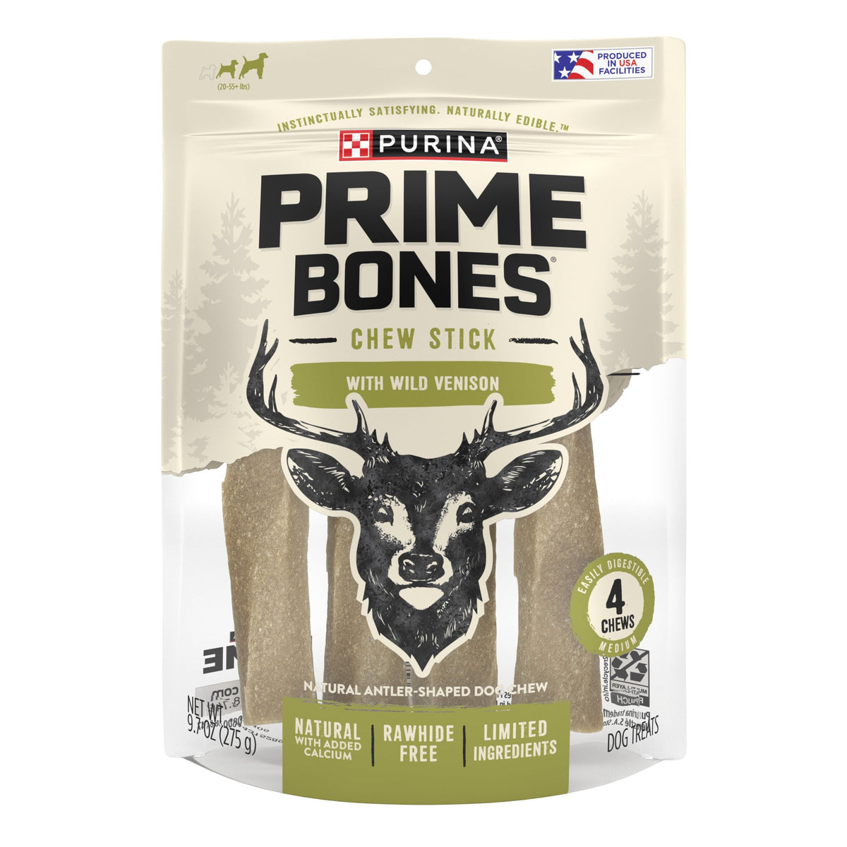 Purina Prime Bones Made in USA Facilities Limited Ingredient Medium Dog Treats, Chew Stick With Wild Venison - (6) 4 ct. Pouches