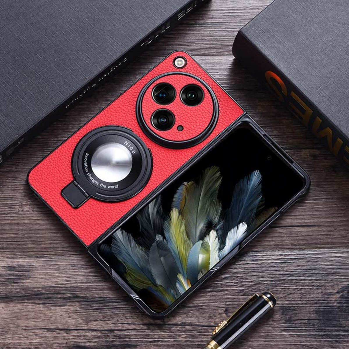 Hülle Case for OnePlus Open Cover + Foldable Ring Kickstand + Wireless Charging,Texture Leather Shell Bumper Shield for OnePlus Open(4)