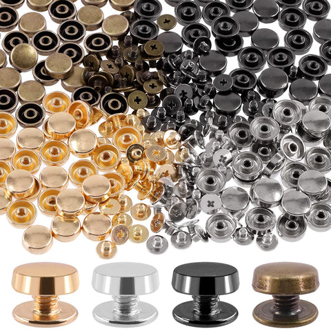 Mardatt 32 Sets Gold Flat Head Stud, Alloy Purse Feet Rivets Screw Back Rivets Stud Nail Head Stud Purse Handbag Feet Flat Buckle Button Cap Rivets for DIY Leather Craft