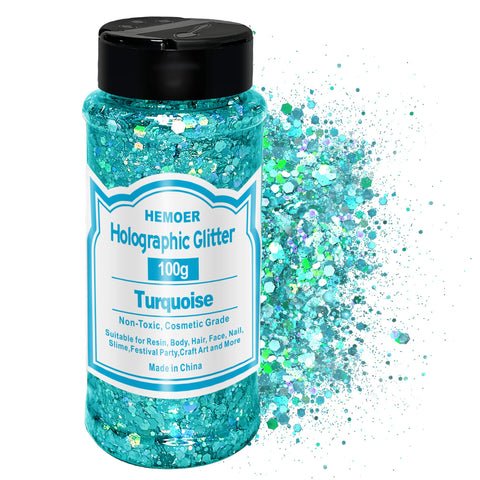 HEMOER Holographic Chunky Glitter, 100g Turquoise Chunky Sequins Glitter, Cosmetic Craft Glitters for Resin, Face, Nail, Body, Crafts, Slime Festival Party Art and More-3.52oz/Bottle