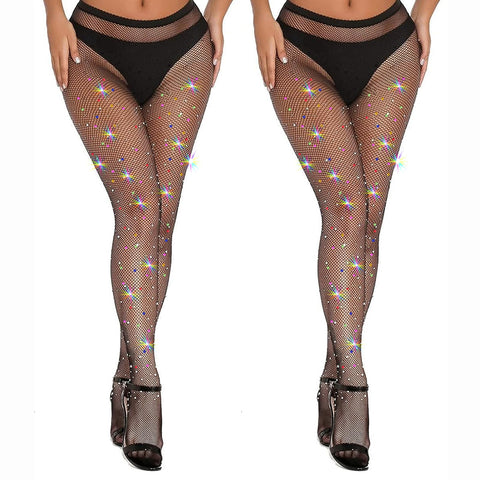 Lancry 2 PCS Rhinestone Fishnet Tights Womens,Plus Size Sparkly Tights Diamond Fishnet Stockings,Glitter Tights for Parties, Proms, Role Play, Halloween,Concert Outfit