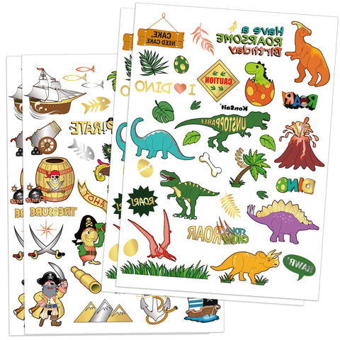 Konsait Dinosaur Pirate Temporary Tattoo for Kids, Dinosaur Pirate Birthday Party Favors Supplies, Face Arm Hands Back T-rex Decorations for Boys Stockings Stuffers Goody Filler Rewards,132 Design