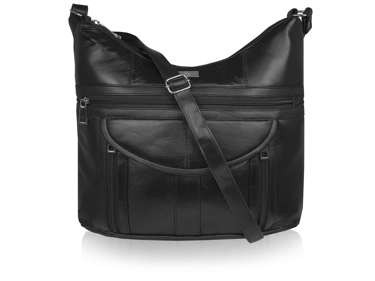 Quenchy London Ladies Designer Handbag in Soft Real Sheeps Leather - Shoulder Cross Body Bag with 7 Pockets - H30cm x H33cm x D9cm QL176 Black